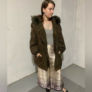 Vintage Paisley Jacket Coat Fur Trimmed Hood Removable Fur Lined Vest Large EUC